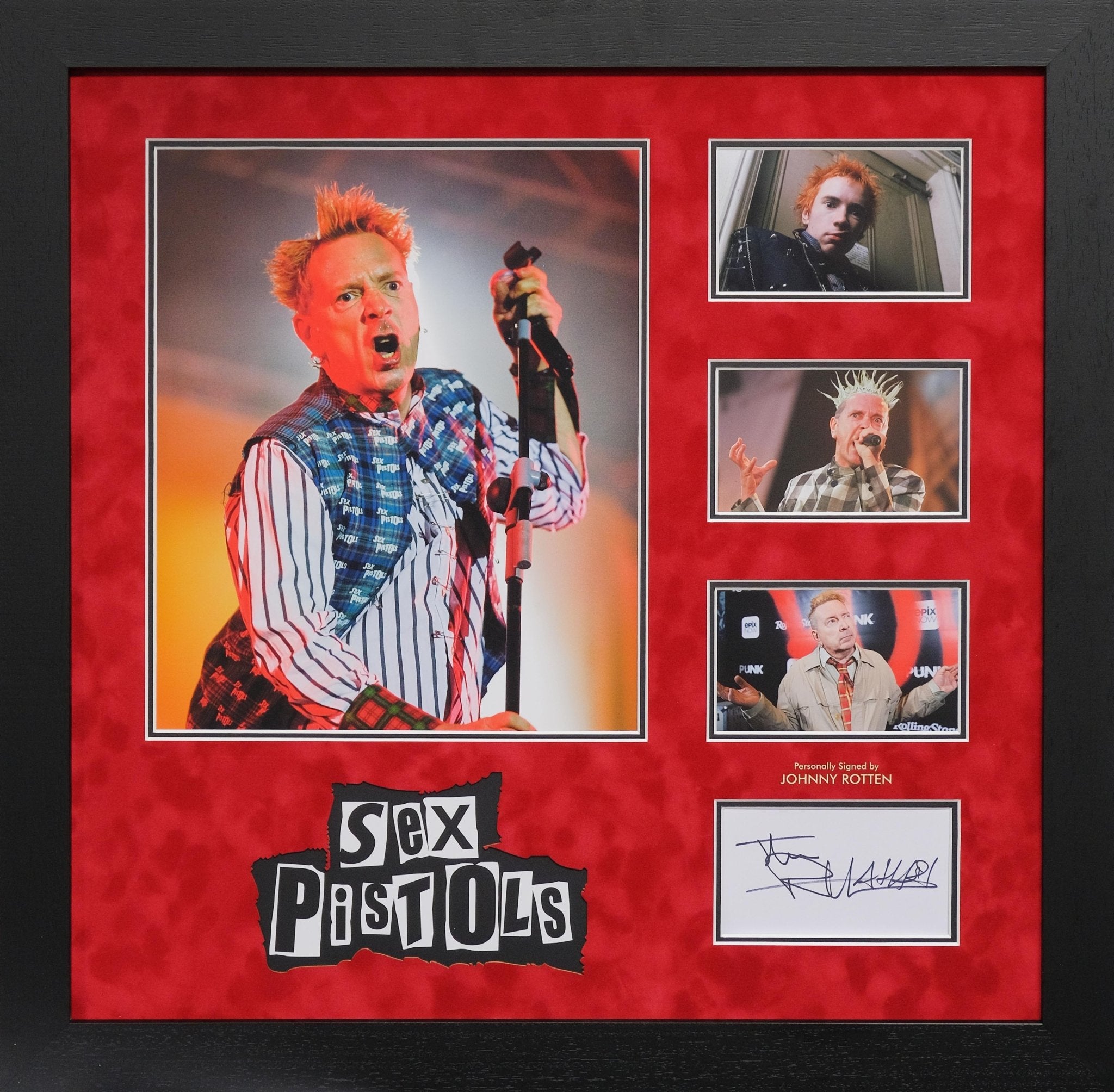 Sex Pistol's Johnny Rotten Signed White Card Display - Memorabilia Framers Shop